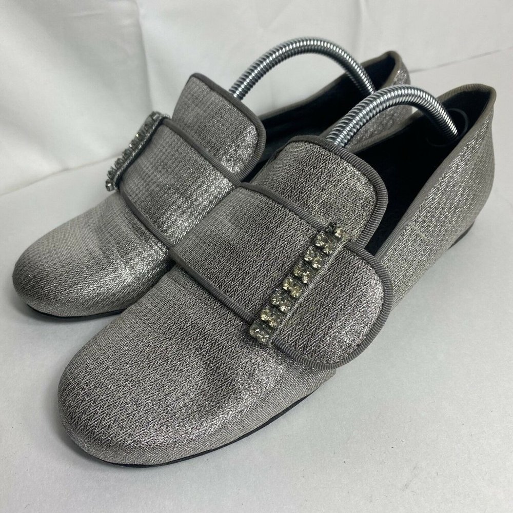 See by Chloé Flats Silver 37 Dossena Loafers Missing Rhinestones Worn Heel Cap